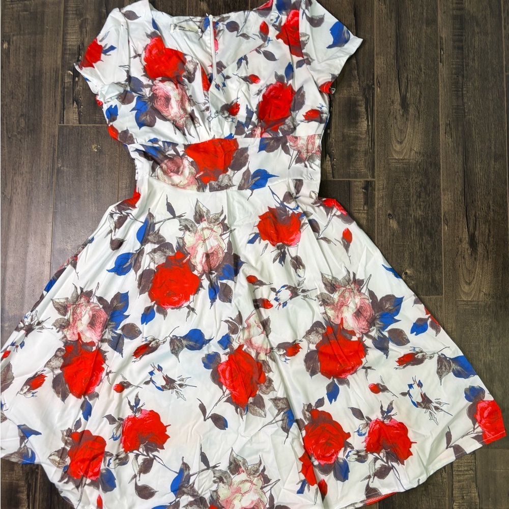 60s inspired Floral Midi Dress - Red and Blue